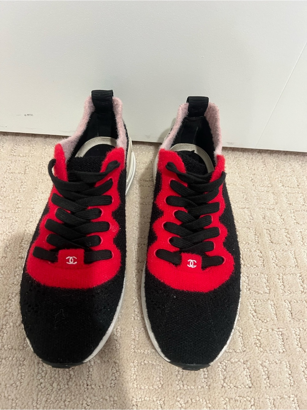 CHANEL Black & Red Knit Logo Lace-Up Sneakers